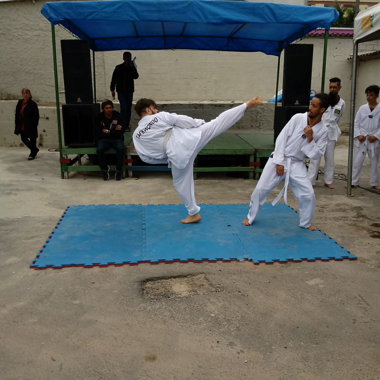 Rapaz dá golpe de taekwondo em apresentação.